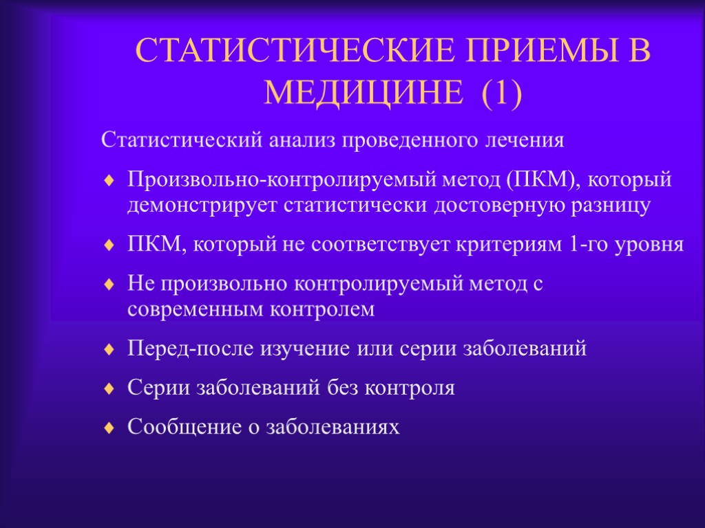 СТАТИСТИЧЕСКИЕ ПРИЕМЫ В МЕДИЦИНЕ (1) Статистический анализ проведенного лечения Произвольно-контролируемый метод (ПКМ), который демонстрирует